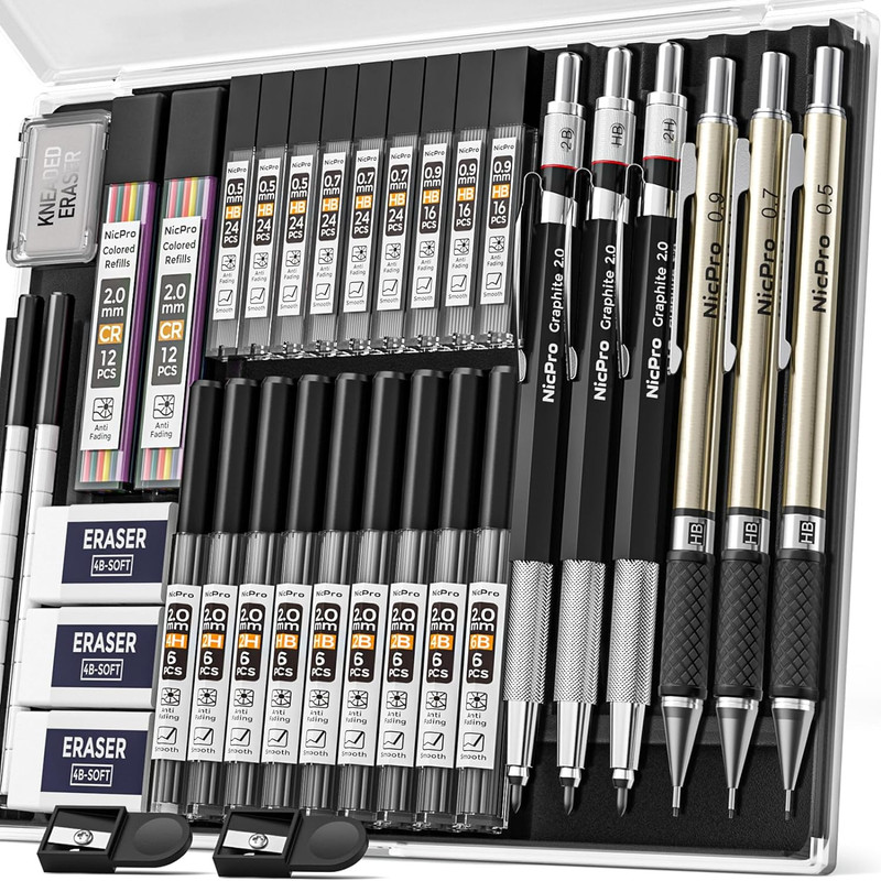 35PCS Art Mechanical Pencils Set, 3 PCS Metal Drafting Pencil