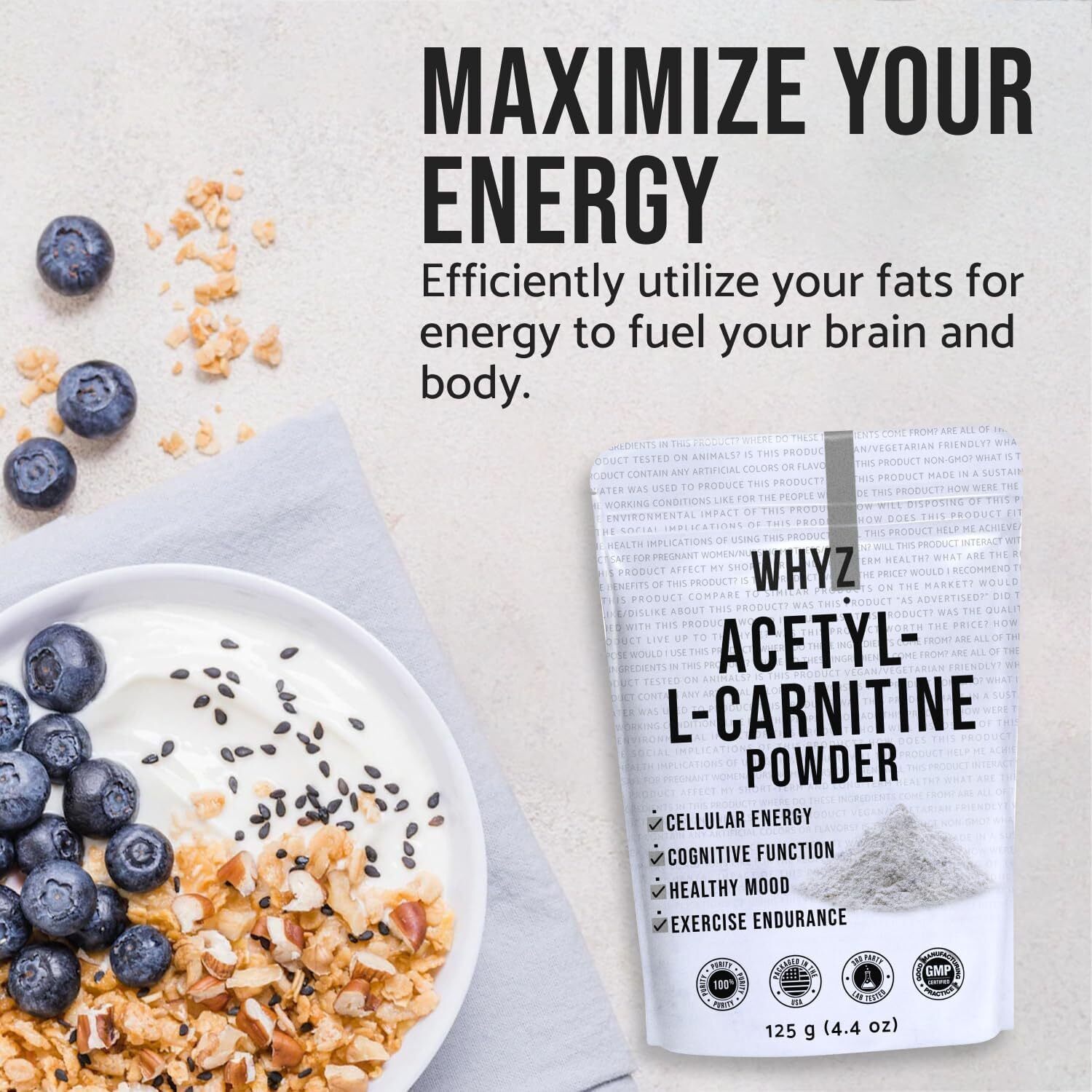 WHYZ Acetyl L Carnitine Powder 125g, Fat Metabolism & Memory Supplement 250 Uses