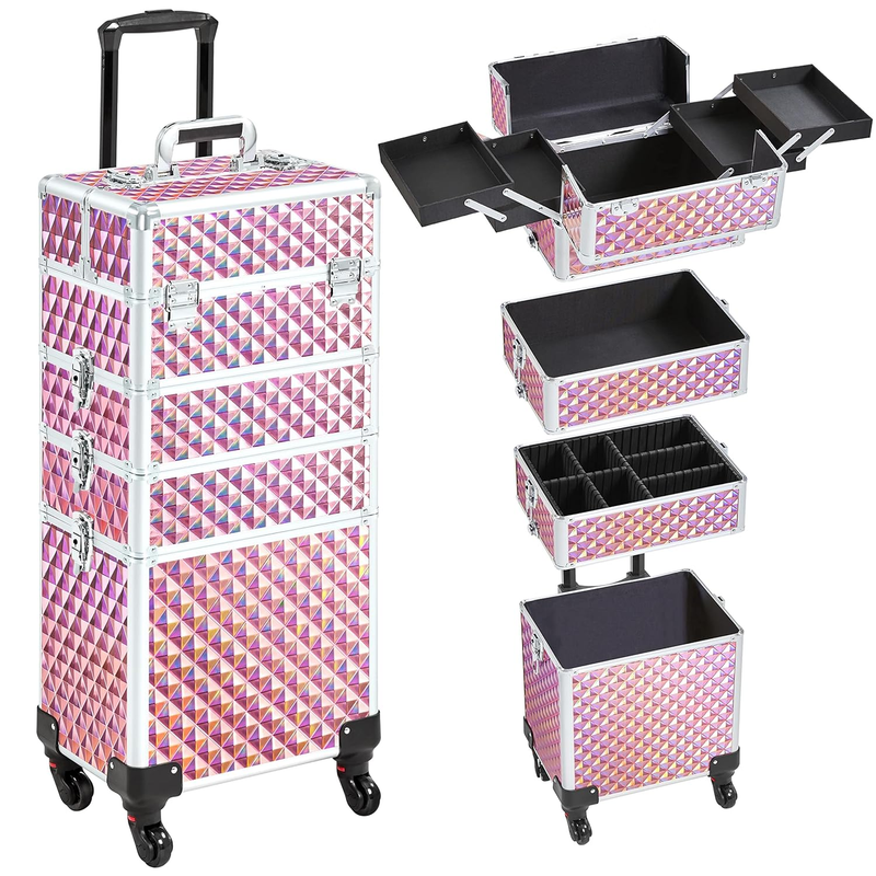 4 in 1 Professional Makeup Train Case/Rolling Cosmetic Trolley/Makeup Case Organizer/Makeup Travel Case with 4 Detachable Swivel Wheels, Glitter Pink