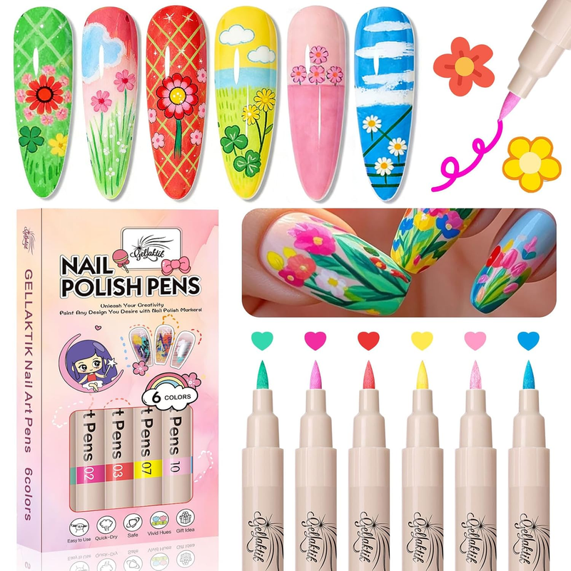 6 Color Nail Art Pens Set 3D Acrylic Quick Dry Liner Dotting N...