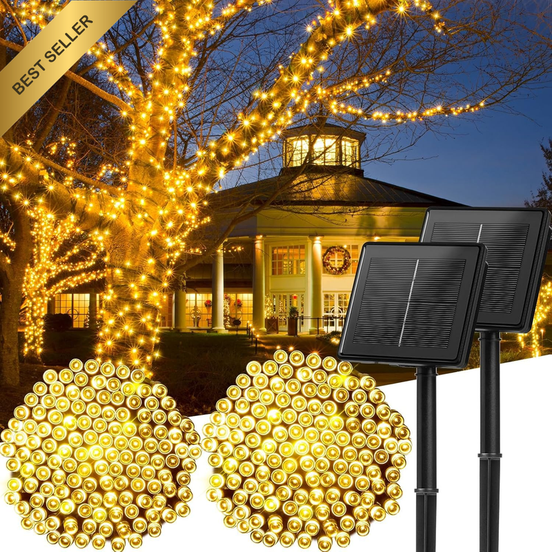 Solar String Lights Outdoor 2 Pack 200 LED 12M Warm White 8 Modes IP65 Waterproo