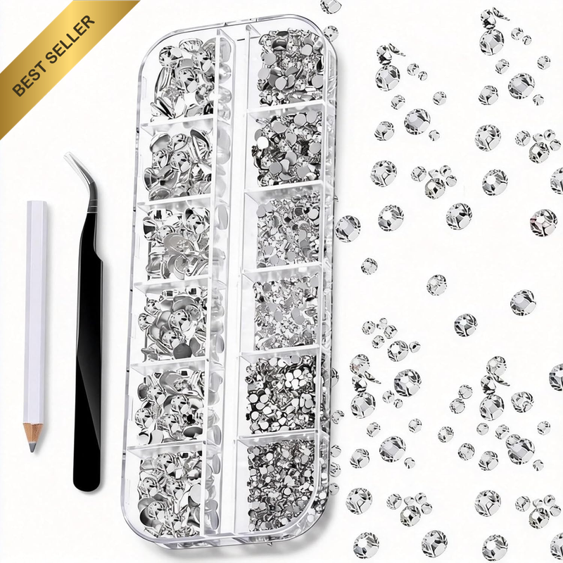 2000 Pcs Rhinestones Nail Gems Kit, 6 Sizes (1.5-6Mm) Flat Back round Crystal wi