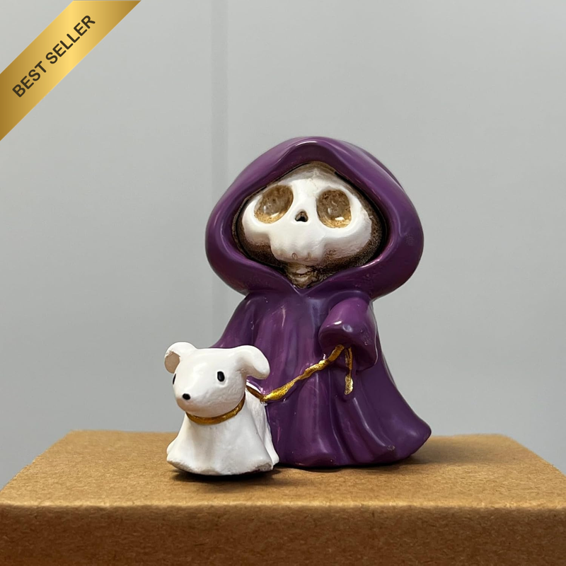 Adorable Skull Grim Reaper Statue with Walking Dog Ghost Statue Figurine, Hallow