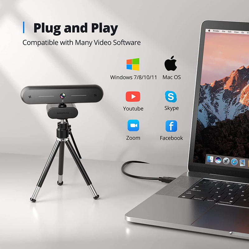 4K Webcam Microphone Autofocus HD Sony Sensor Privacy Cover Tripod Plug and Play