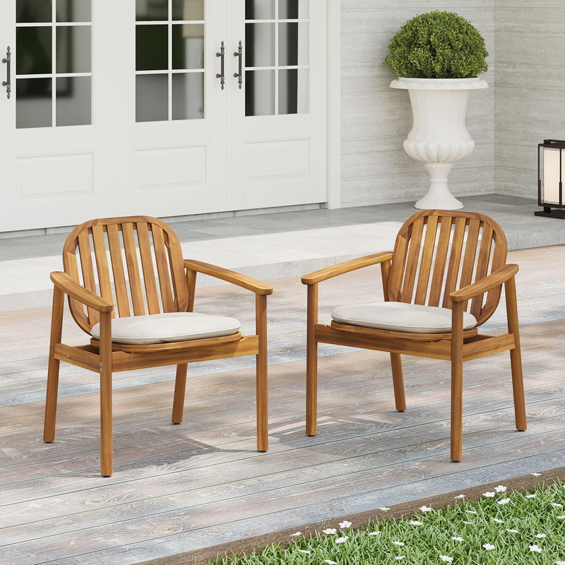 Meja Acacia Wood Outdoor Dining Chair Set of 2 with Cushion, Wooden Patio Dining Armchair Set, Outdoor Kitchen Side Chair, Patio Furniture Set, Teak+Beige