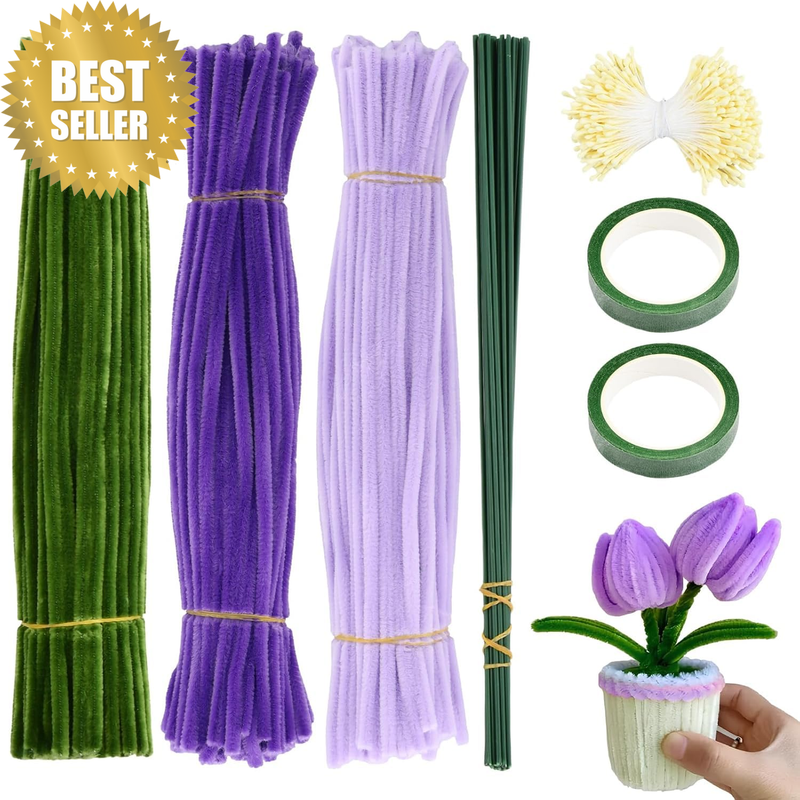 Pipe Cleaners Craft Set, 300 Pieces, 3 Assorted Purple and Green Colors, Chenill