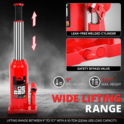 10 Ton(22046.2lb) Auto Car Repair Manual Handle Hydraulic Welded Bottle Jack Red