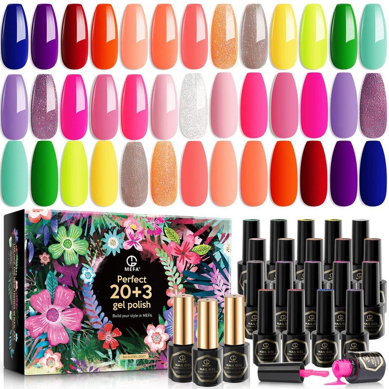 Neon Gel Nail Polish Set 23 Pcs, 20 Colors Hot Pink Navy Blue Red Green Coral Gl