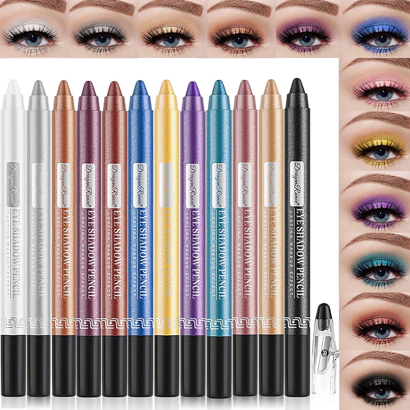 Cream Eyeshadow Stick Eye Set, 12Pcs Colored Glitter Eyeshadow Stick Eyeliner Pe