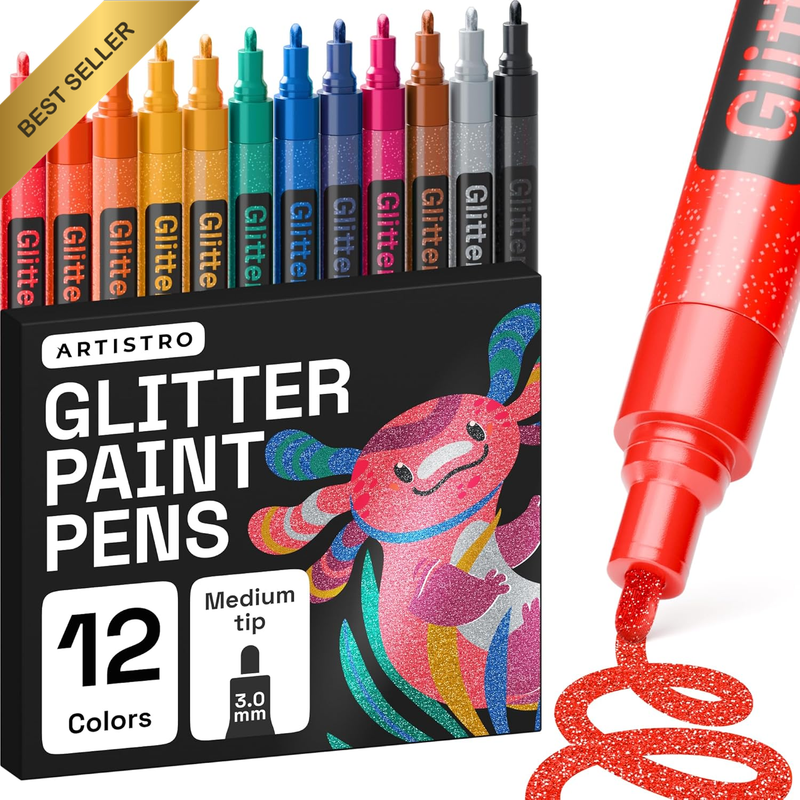 12 Glitter Paint Pens Sparkly and Shiny for Rock Painting, Stone, Ceramic, Glass