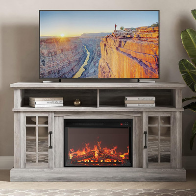 BELLEZE Traditional 58'' Rustic TV Stand with 23'' Electric Fireplace Heater with 