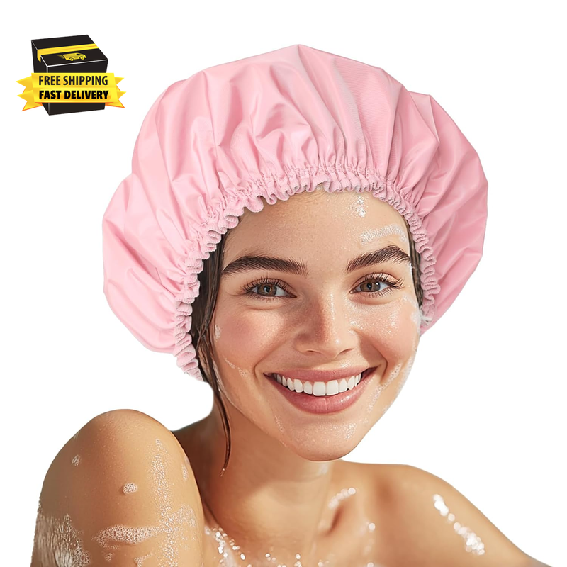 Shower Cap for Women, Double Layer Waterproof Bath Cap, Reusable Hair Protector, Large Waterproof Shower Bonnet Washable Elastic Band Bath Hair Hat for Long Hair, Braids， - Pink ⭐️⭐️⭐️⭐️⭐️