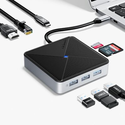 8 in 1 USB C Hub USB 3.0 Splitters 4K@60HZ HDMI 1000Mbps Ethernet PD100W Adapter