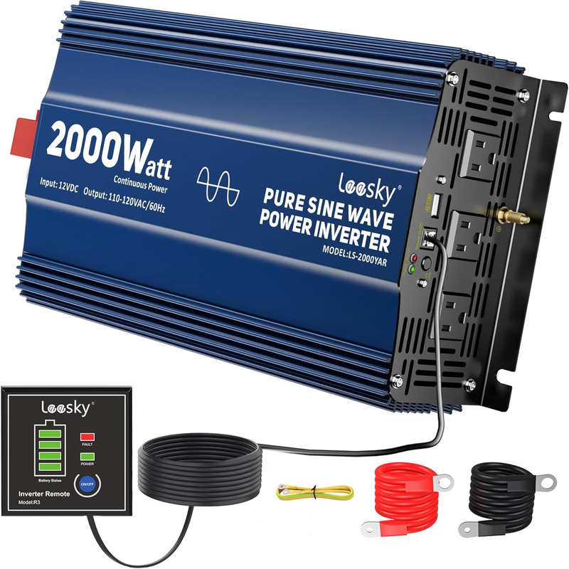 2000 Watt Inverter Pure Sine Wave Power Inverter 12V to 110V 120V Built-In UL Approved Fuse with Battery Status Display Remote Controller for Home RV Truck Off-Grid Solar Power Inverter by