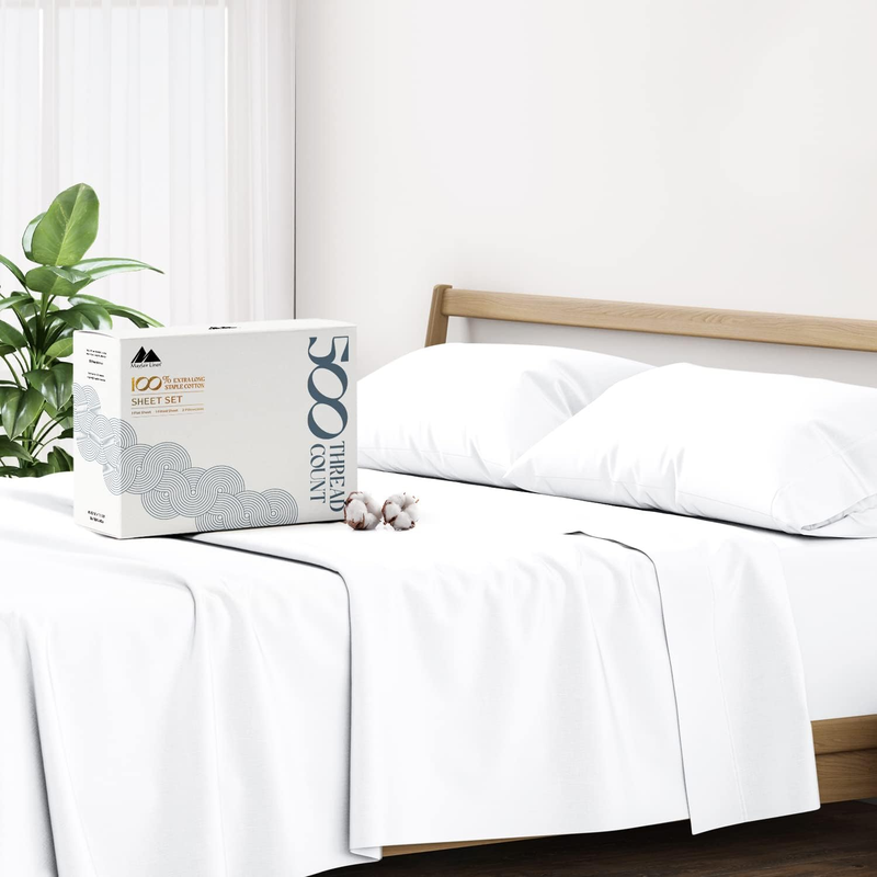 100% Cotton Sheets for Queen Size Bed - 500 Thread Count 4 PC Queen White Cotton Sheets, Deep Pocket Queen Sheet Set, Cooling Sheets Queen Size for Hot Sleepers, Soft, Breathable Sheets