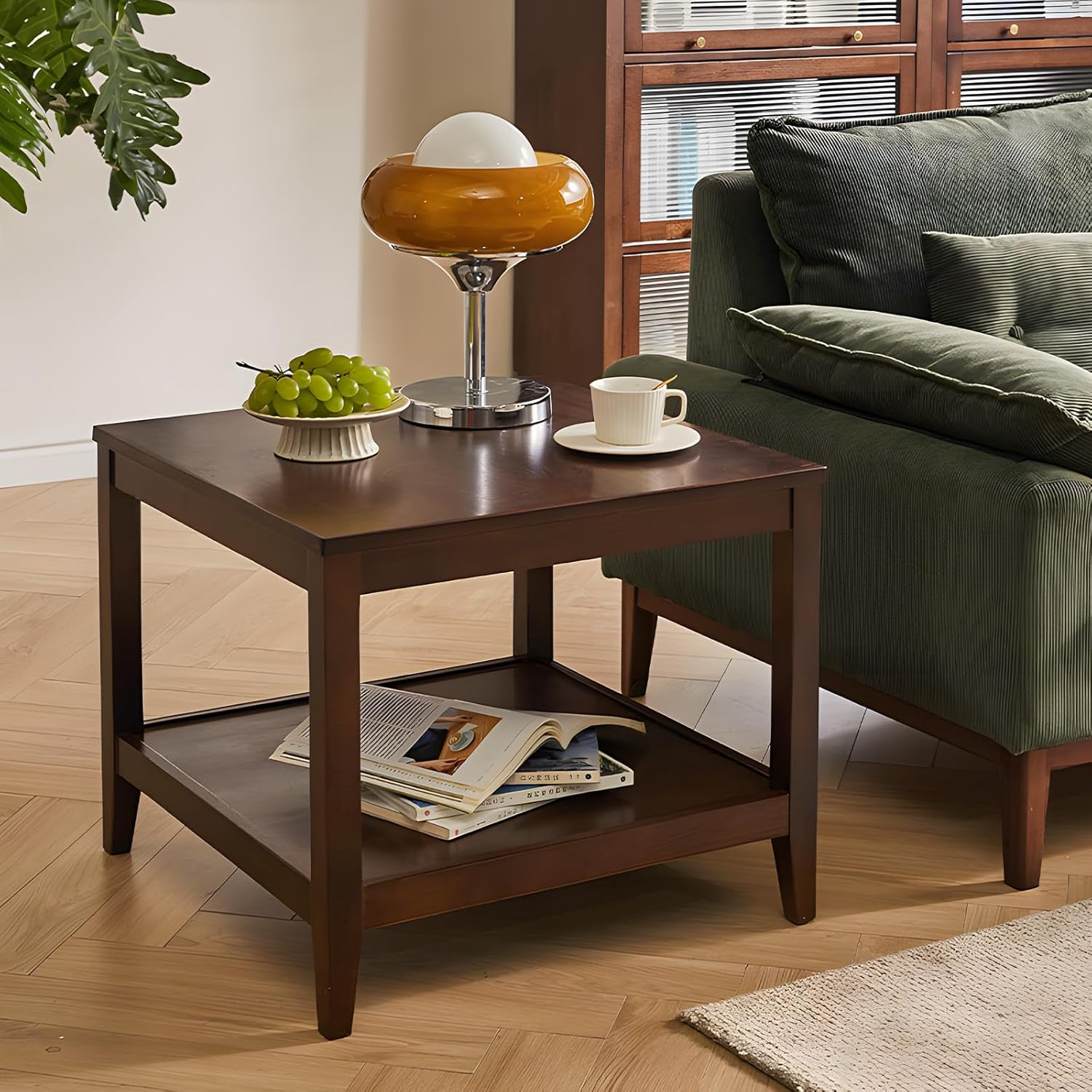 Side Table, Solid Wood Square End Table with Storage Shelf, 2-Tier ...