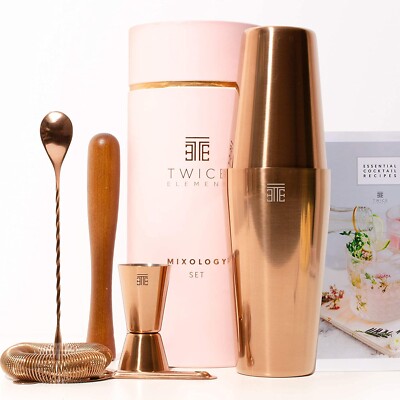 Mixology Bartender Kit Copper Gift Set Boston Shaker Storage Pouch Recipe Book