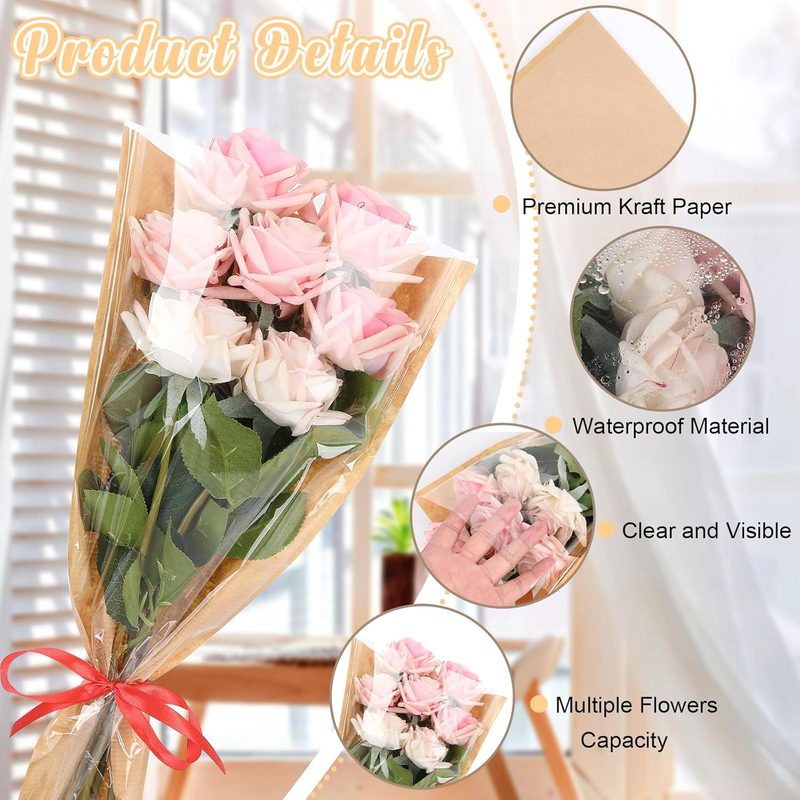 40Pcs Kraft Paper Flower Wrapping Bags 9.8x17.9 Inch - Sleeves for Bouquets, Bir