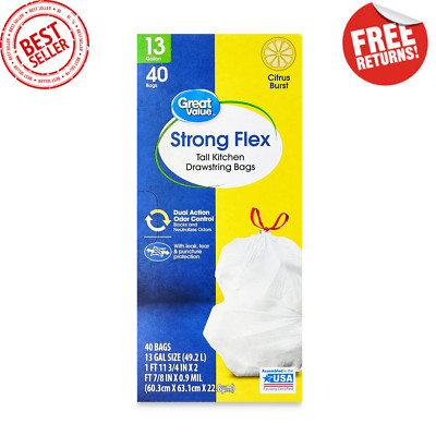 Great Value Strong Flex 13-Gallon Drawstring Tall Kitchen Trash Bags, 40 Count