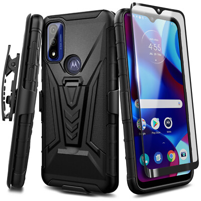For Motorola Moto g PLAY (2023), Holster Belt Clip Phone Case w/ Tempered Glass