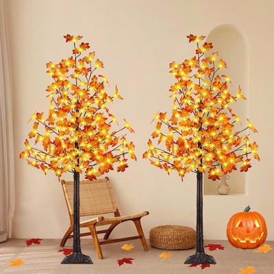2 Pack 5FT Artificial Lighted Maple Tree, Thanksgiving Decor Artificial Tree