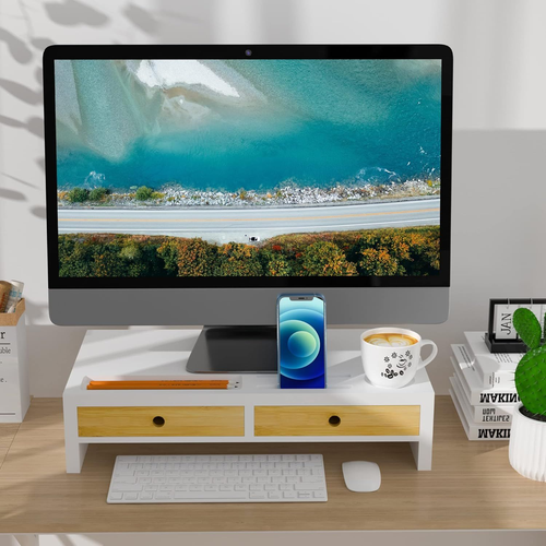 Riser With Drawer - White Laptop Stand, Bamboo And