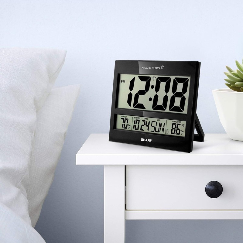 SHARP Atomic Clock Temperature Display with Wireless Outdoor Sensor-Gloss Black