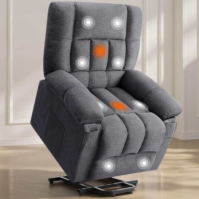 Power Lift Recliner Chair with Vibration Massage and Heat for Elderly, Ergonomic Overstuffed Breathable Fabric Reclining Chair with 3 Pockets, Remote Control, Living Room, Light Brown
