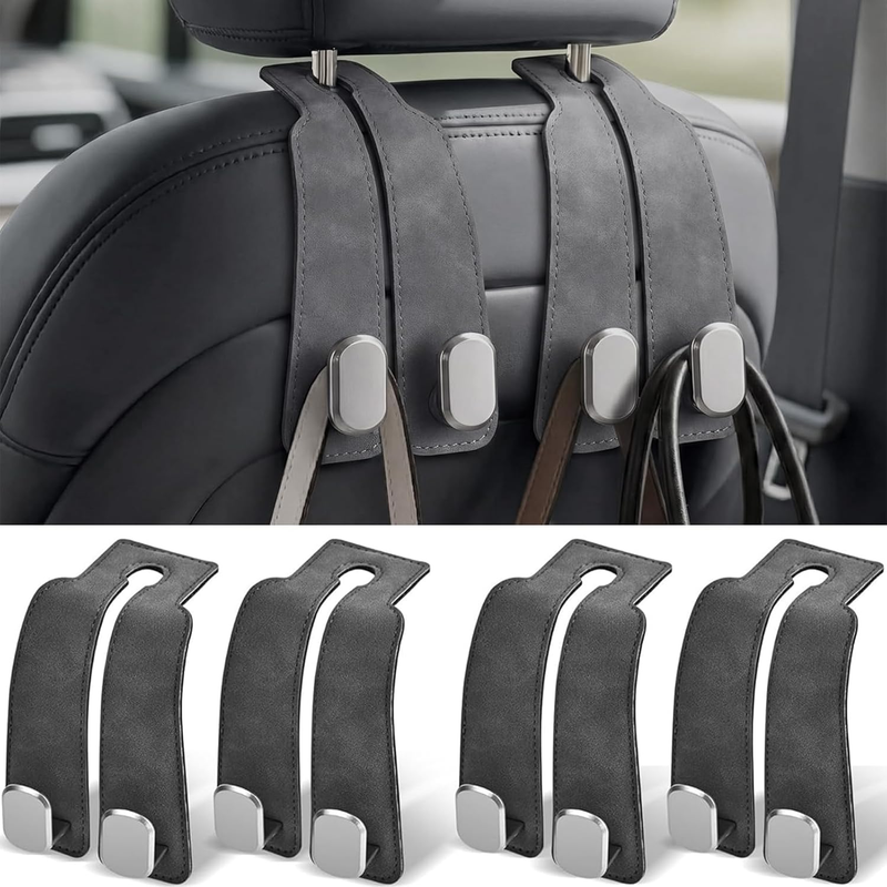Headrest Hooks for Car | 4 Pack Grey Car Seat Headrest Hook - Heavy Duty Multifu