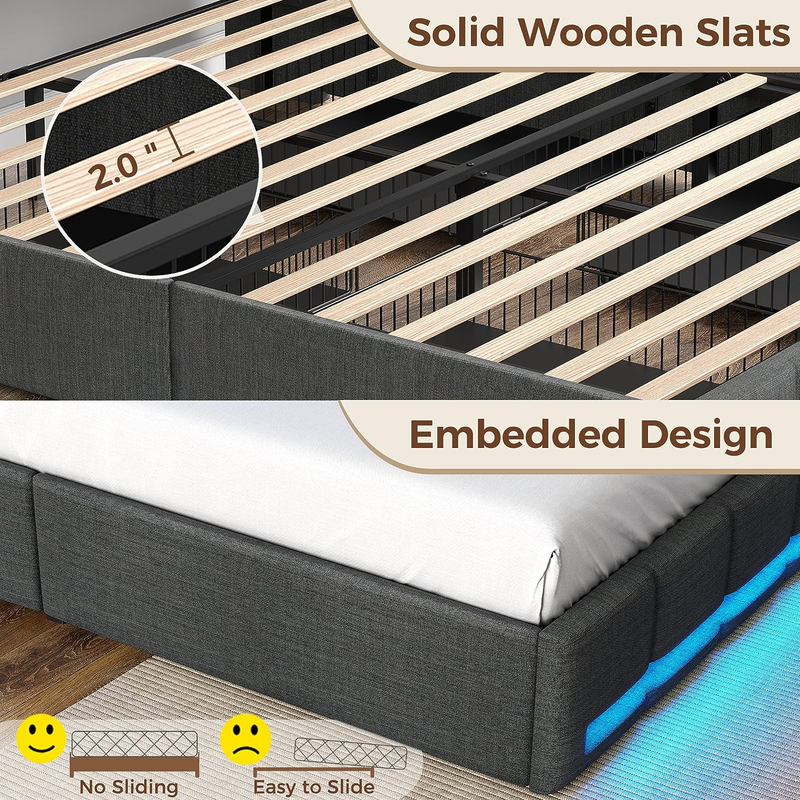 Rolanstar Twin Size Bed Frame with LED Lights and Charging Station, Upholstered