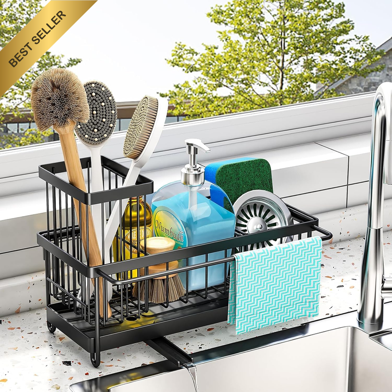 Spoge Holder for Kitchen Sink - Sink Caddy with Long Brush Holder & Divider, SUS