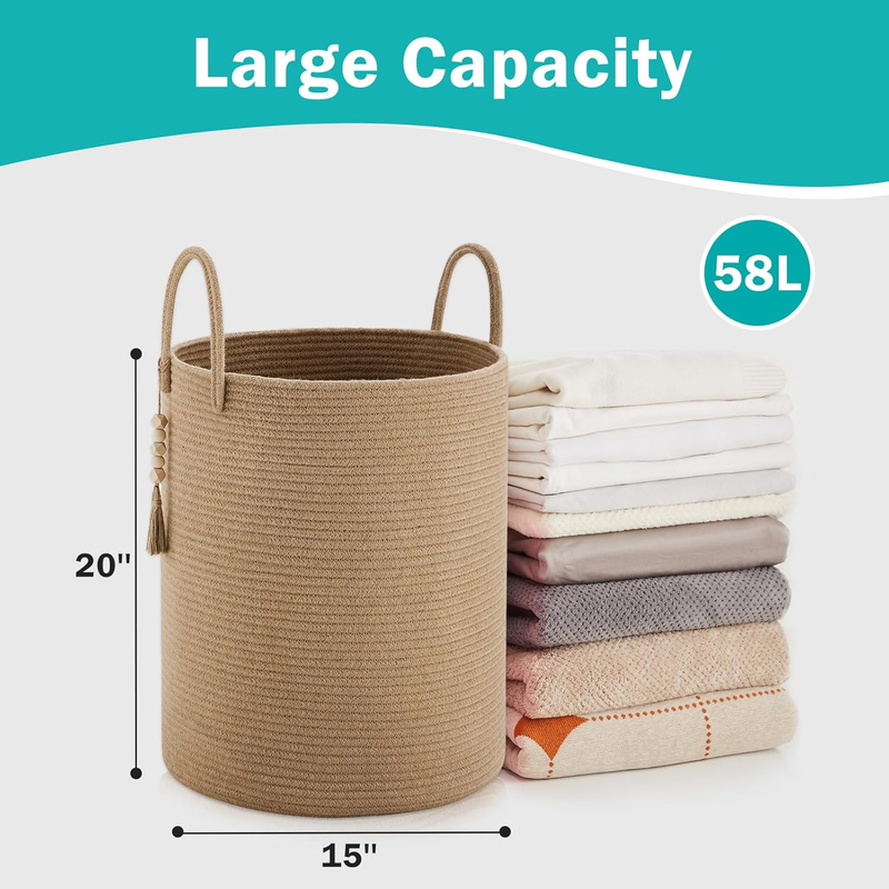 Jute Rope Laundry Hamper Basket, 58L Tall Woven Collapsible Baskets for Blanket