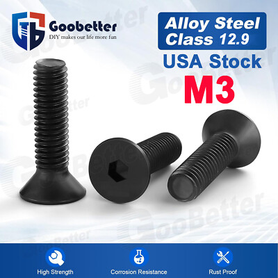 M3 Flat Head Socket Cap Screws Alloy Steel Countersunk Black Oxide Allen Hex USA