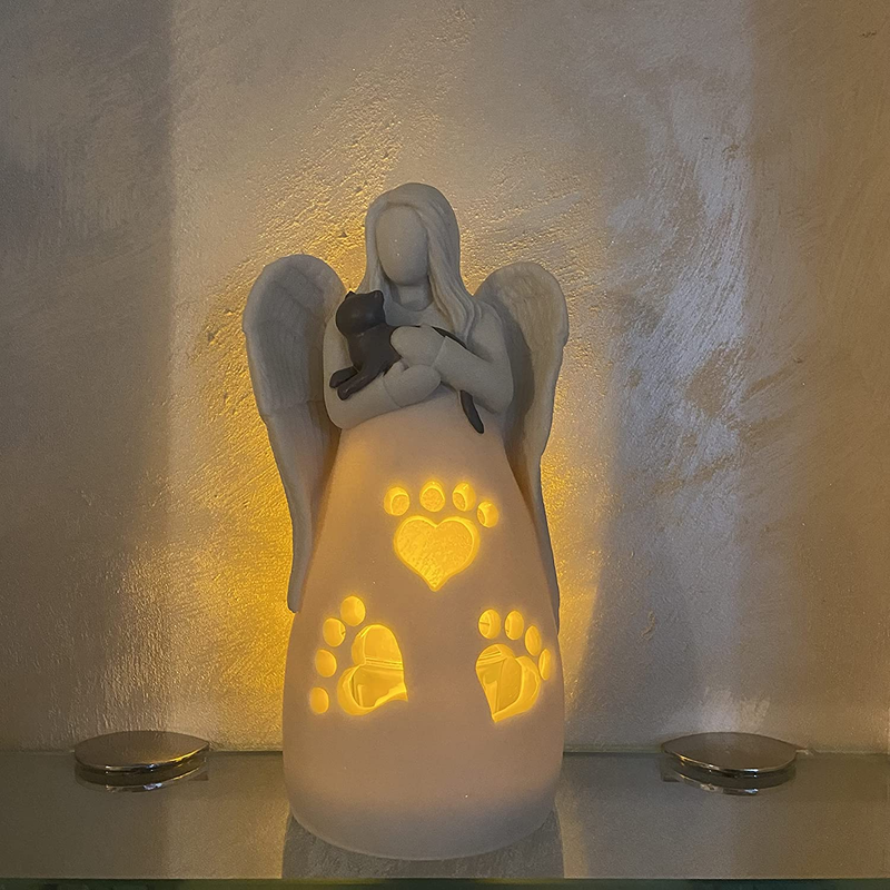Cat Memorial Gifts Cat'S Angel Candle Holder Figurine Decor W/Flickering Led