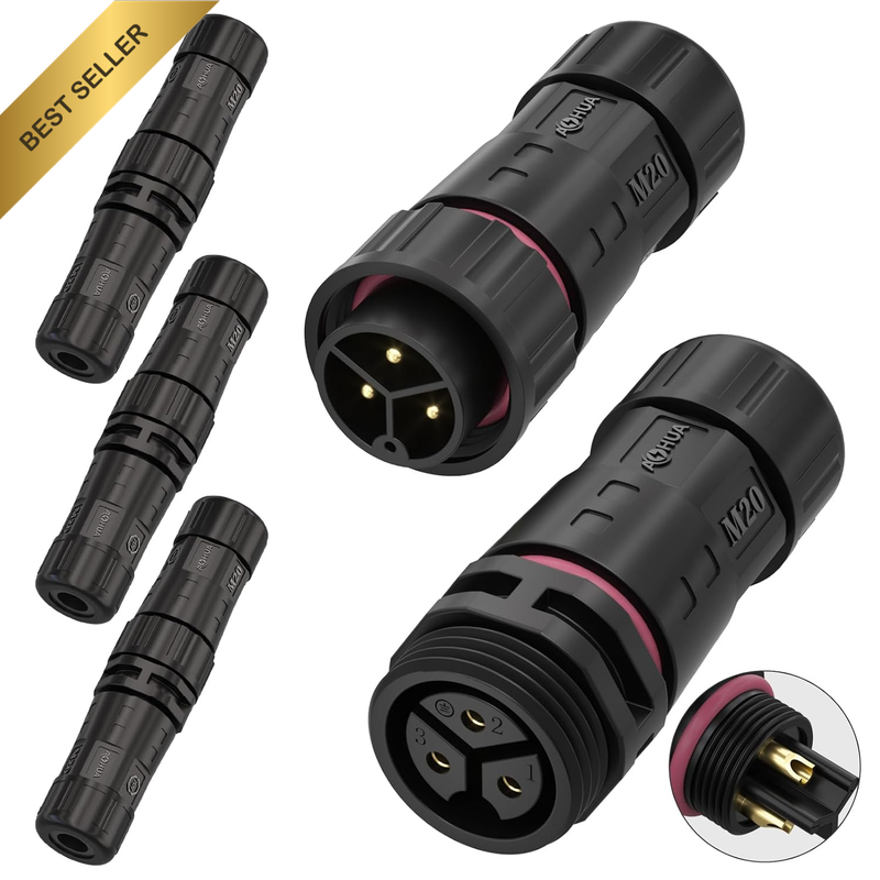 M20 Waterproof Connector (4-Pack) - IP68 Junction Box, 3-Pin Male/Female Plug fo