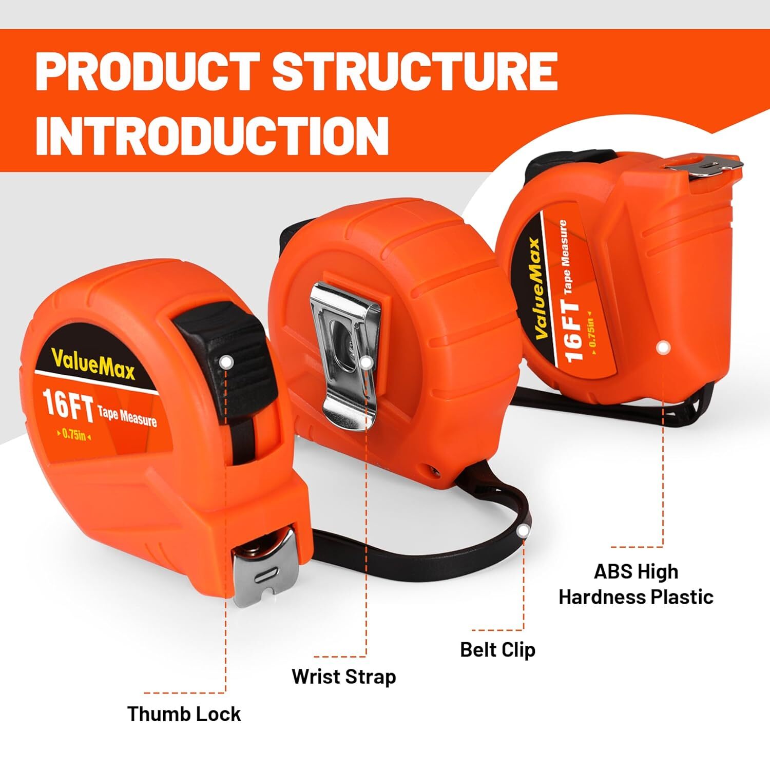 ValueMax 25FT/16FT Tape Measure Set 3 Pack with Fractions 1/8 Retractable Orange
