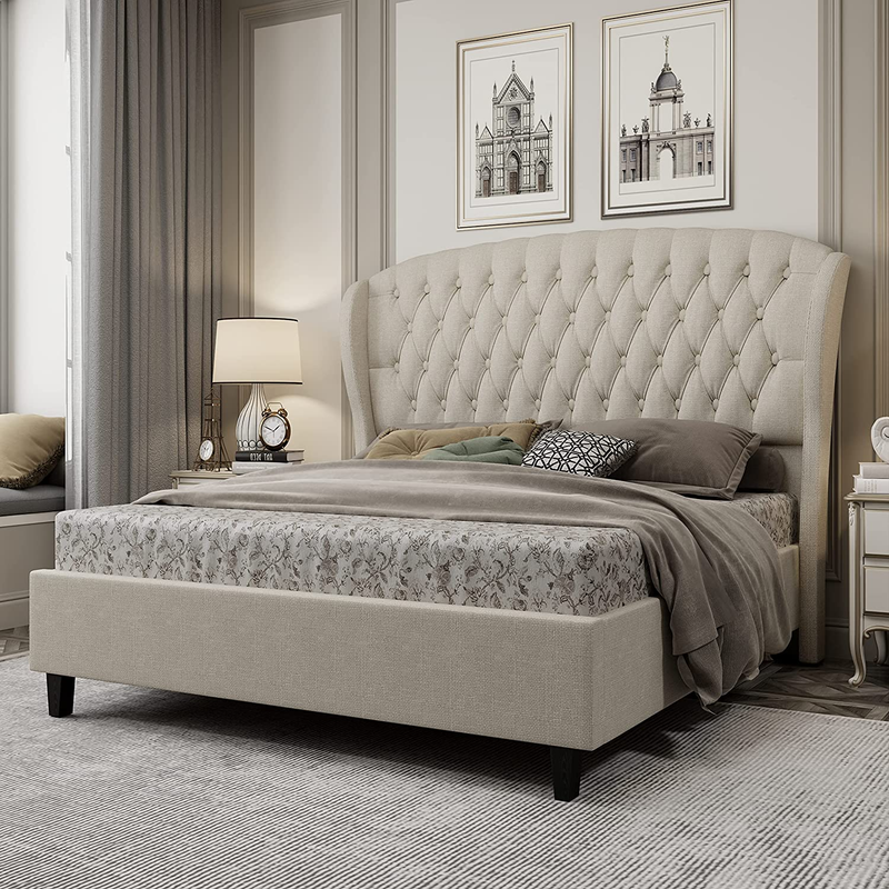 King Size Platform Bed Frame, Linen Curved Upholstered Bed with Shell Wingback H