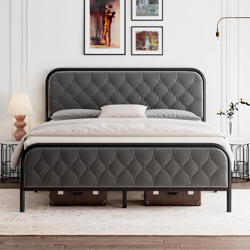 , Upholstered Platform Bed Frame With Diamond Velvet Tufted Headbo