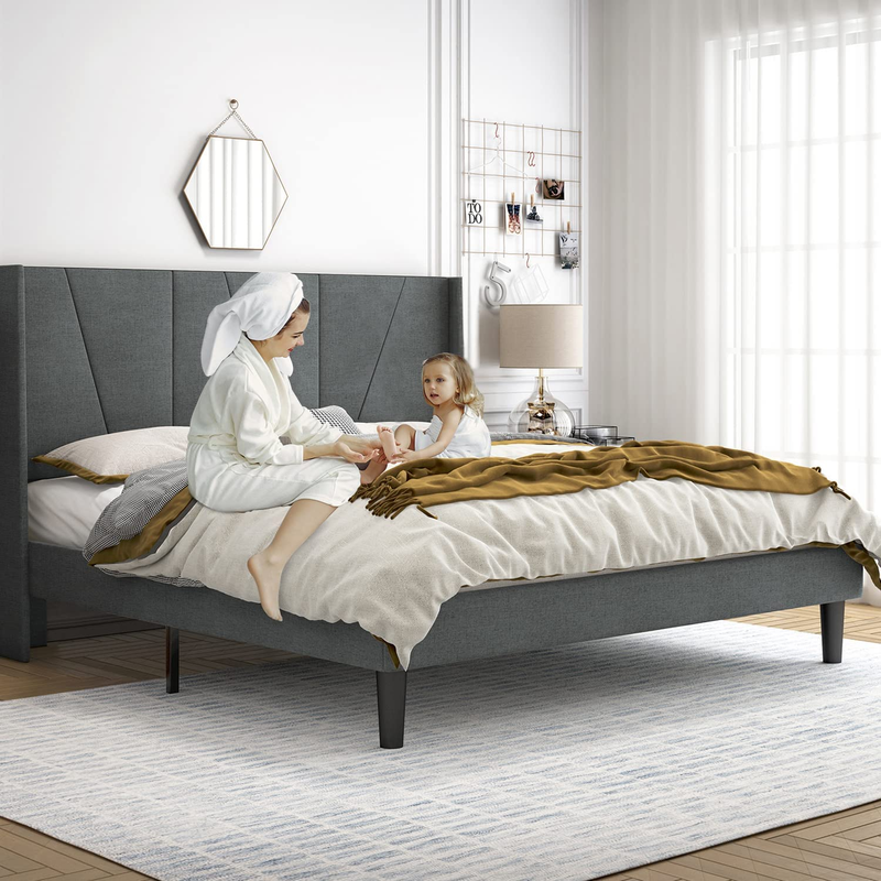 King Size Platform Bed Frame with Geometric Wingback Headboard, Wooden Slats Sup