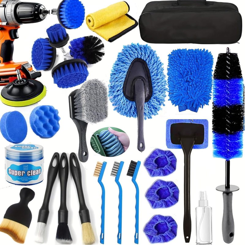 26Pc Car Detailing Kit w/ Drill Brush Set Brushes Interior Ext...
