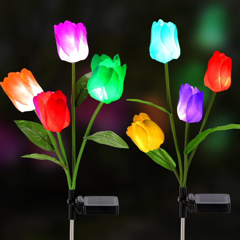 Outdoor Decorative, 2 Pack Solar Garden Lights With 8 Tulip Flowers