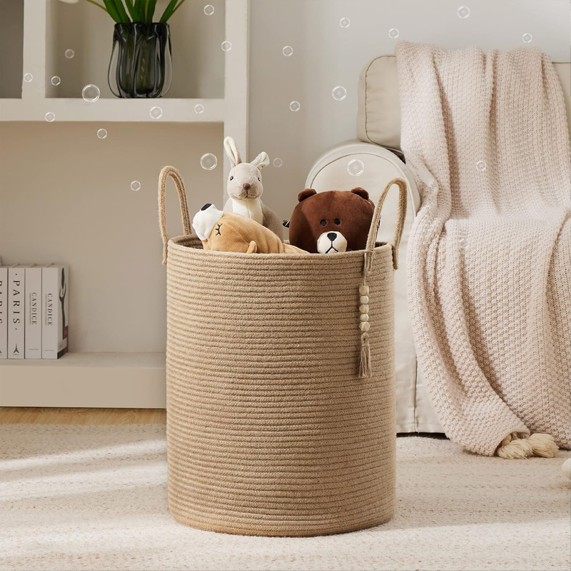 Jute Rope Laundry Hamper Basket, 58L Tall Woven Collapsible Baskets for Blanket