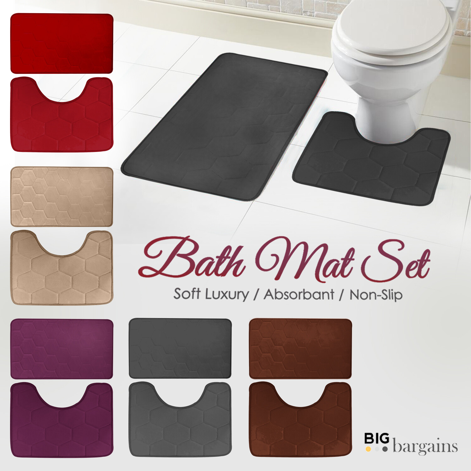 2 pc Bath Pedestal Toilet Mat Non Slip Absorption Washable Microfiber