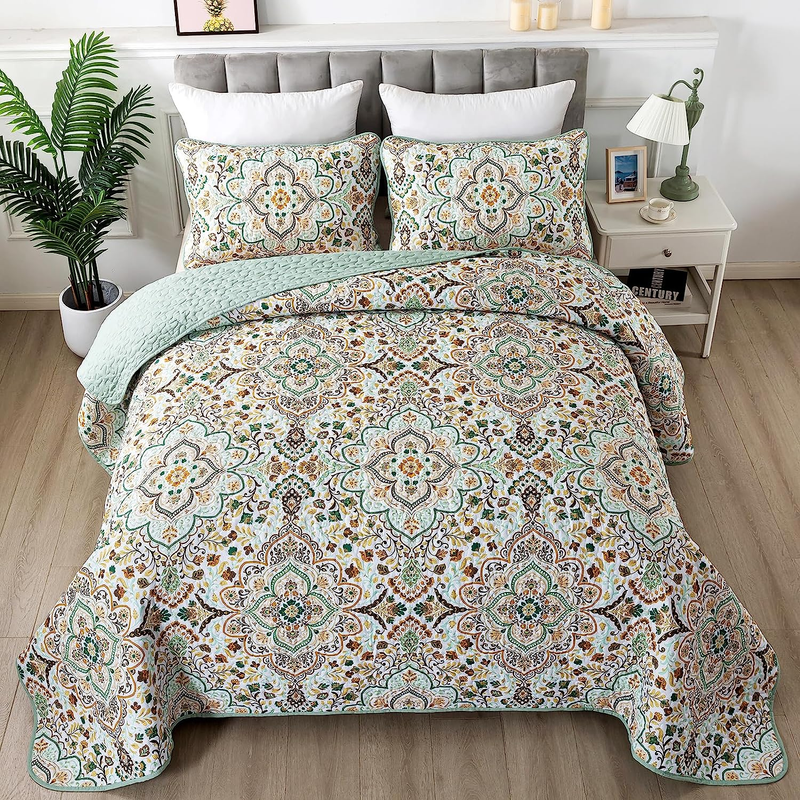 Green Boho Quilt Set King Quilt Coverlet Set Bedding Set With