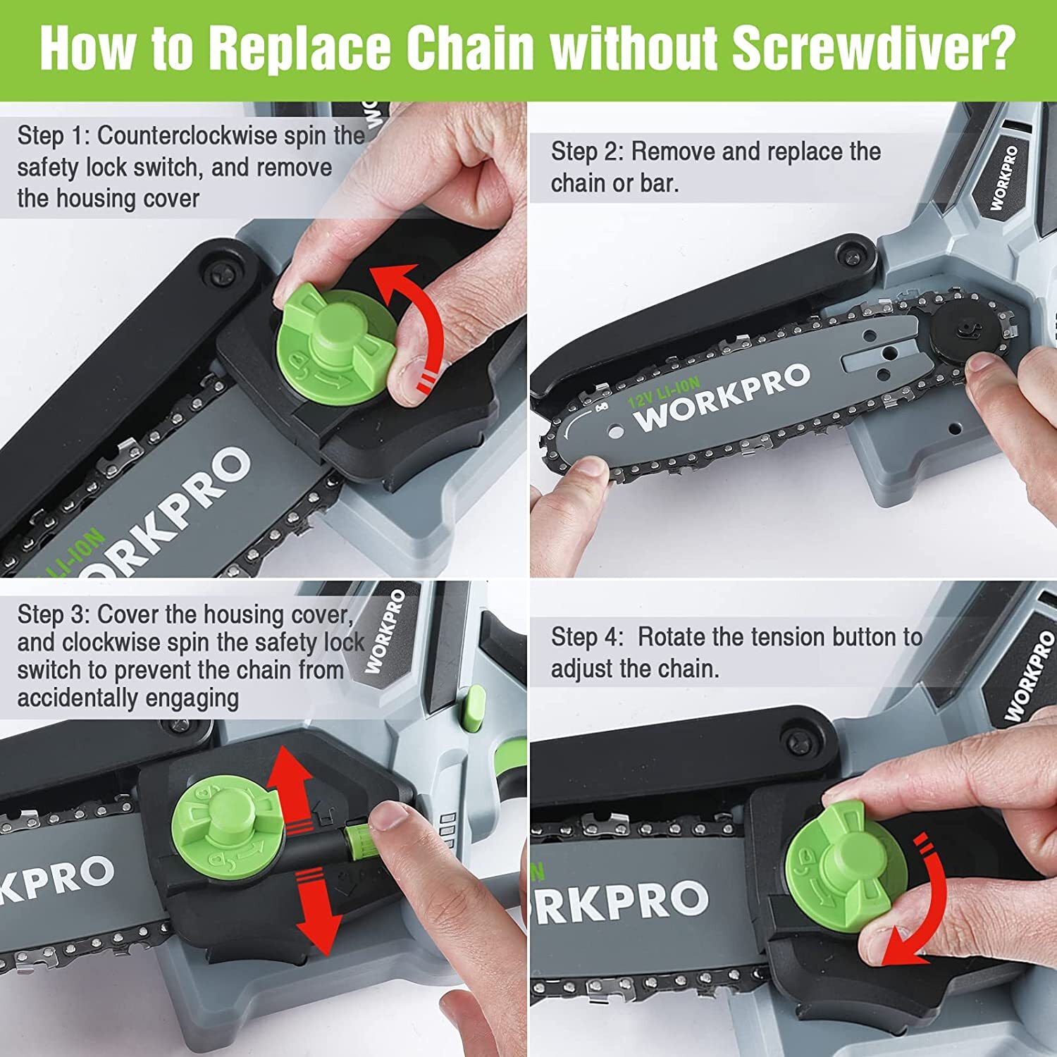 WORKPRO 6.3“Cordless Electric Compact Chain Saw w/2 Batteries One-Hand Operated