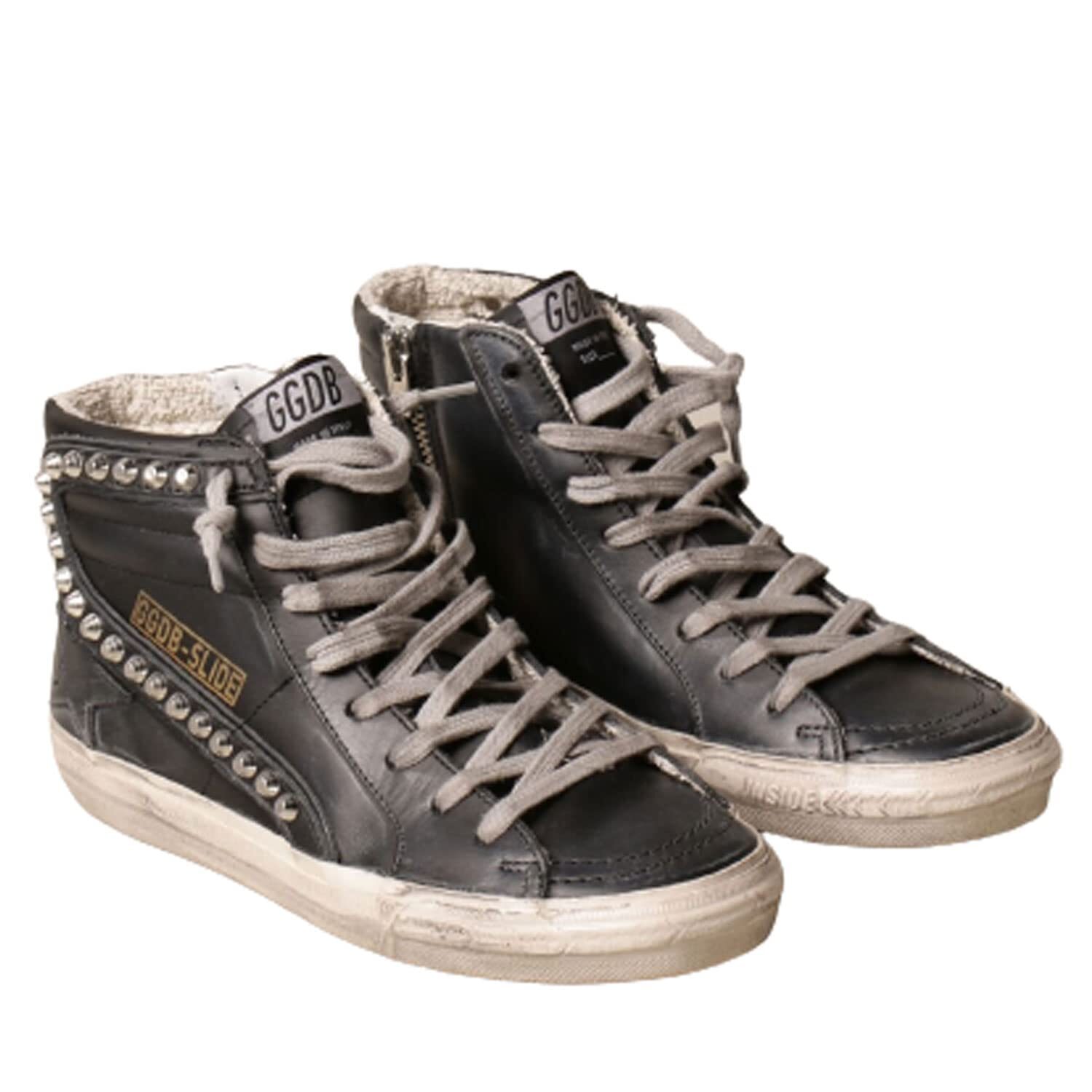 Pre-owned Golden Goose Slide Classic Leather Upper Studs Womens Distressed Sneakers-black