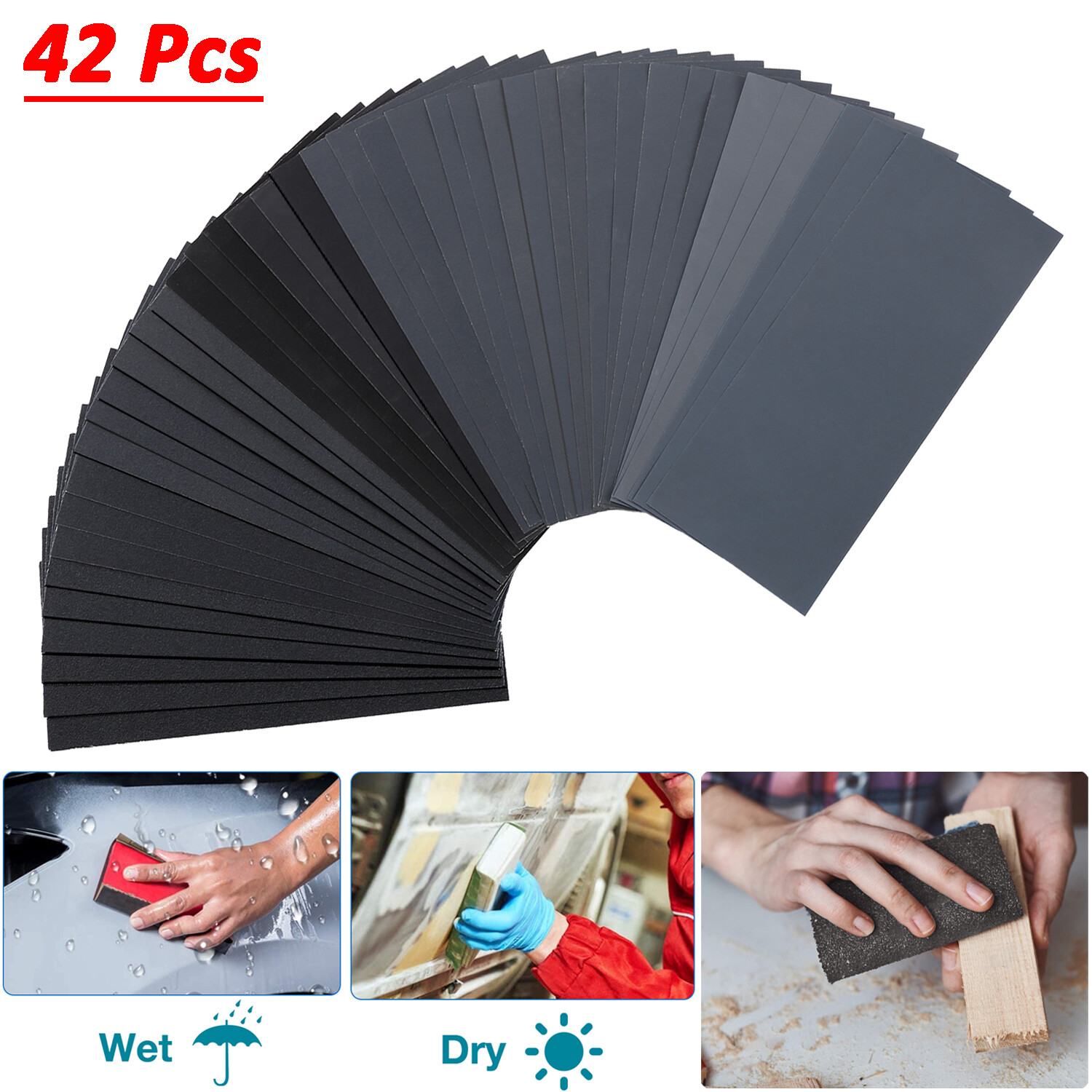 42pcs Sandpaper Sheets Sanding Paper Grit Wet Dry For Wood Auto Car