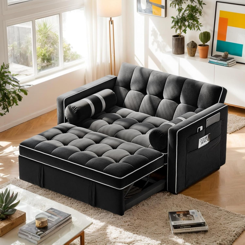 3 in 1 Convertible Sleeper Sofa Bed,Pull Out Couch for Living Room with USB Ports & Side Pockets,Adjustable Backrest,Velvet,Loveseat Sofa Bed,Futon Couches,Black