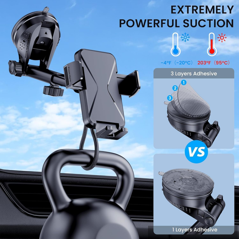 Car Phone Holder Mount, [Military-Grade Suction & Super Sturdy Base] 3 in 1 Univ
