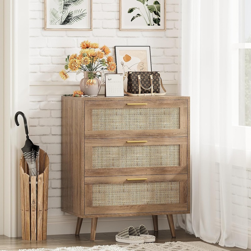 brown boho dresser Bohemian Solid Wood 3-Drawer Fluted Dresser Light Brown